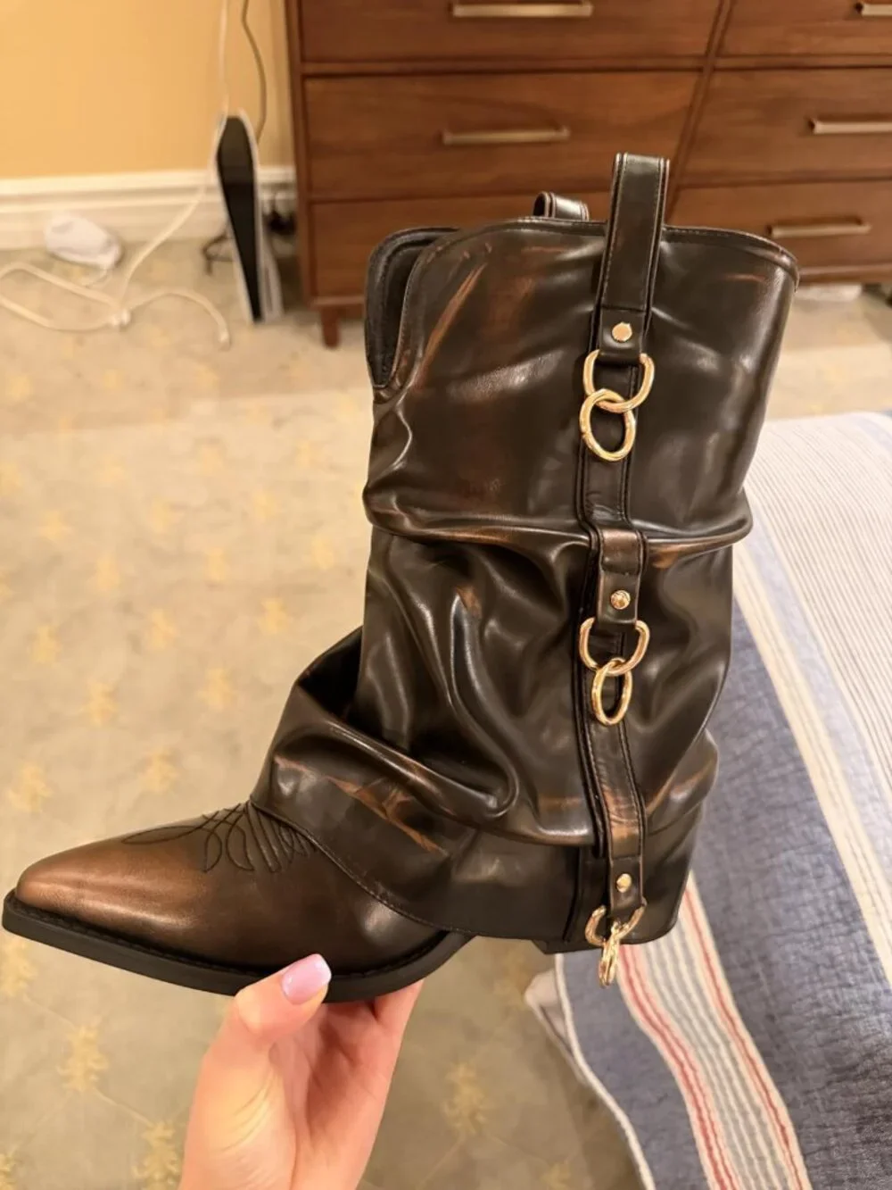 Women's Retro Gold Rubber Calf High and Pointed Toe Slouchy Riding Boots